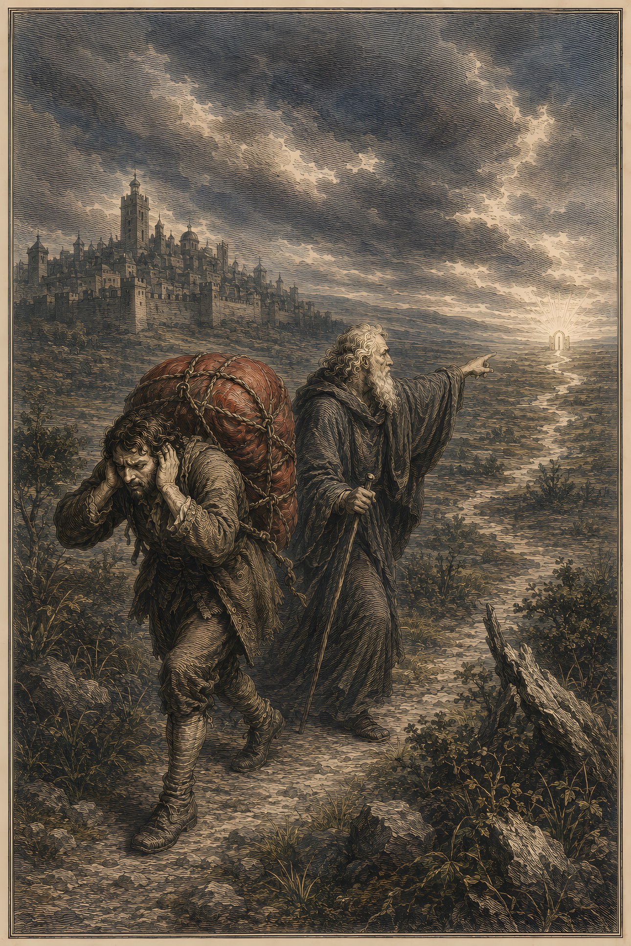 The Burden: a hand-tinted engraving; the one red in the image is the vermilion burden.