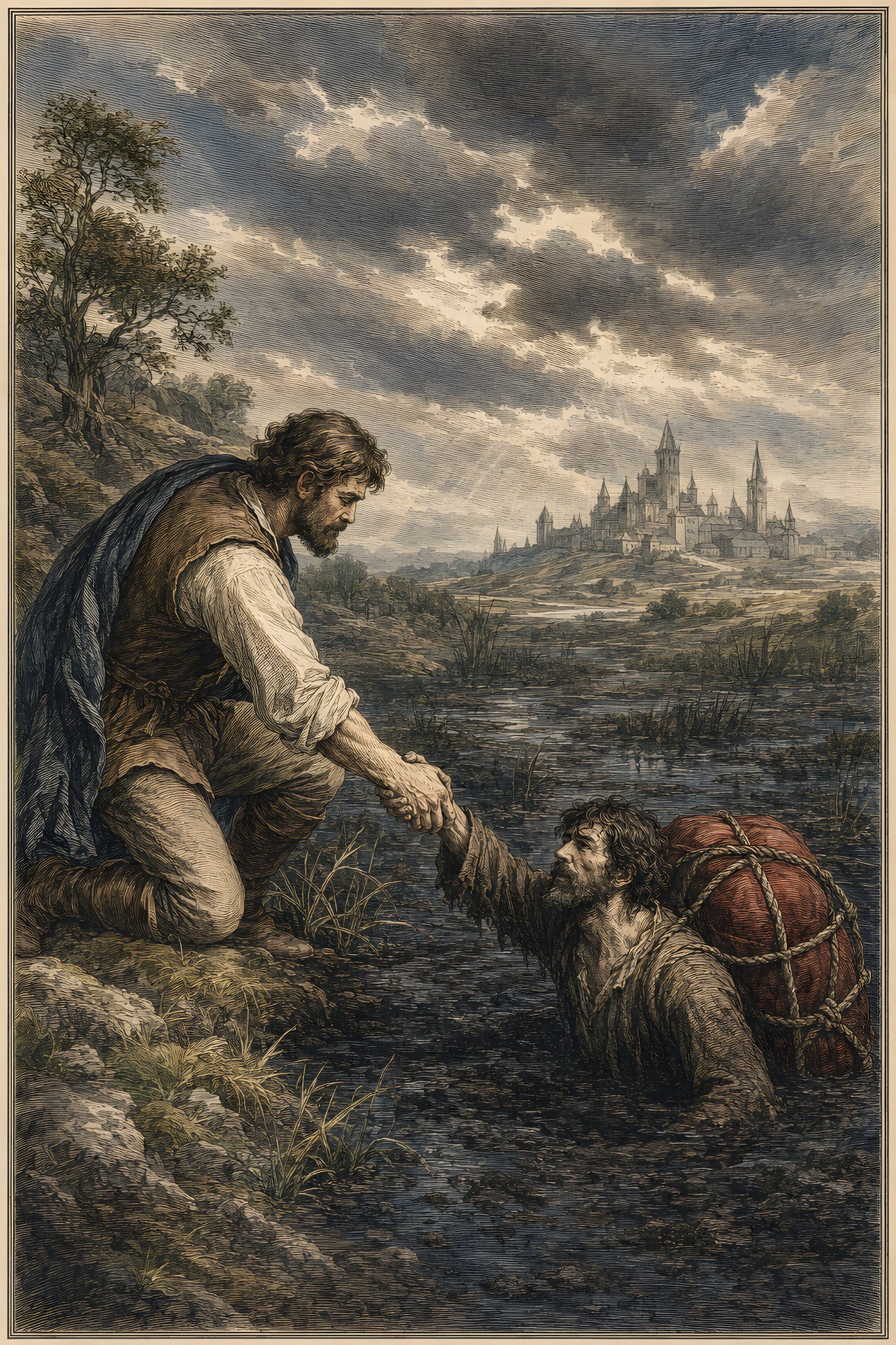 The Slough of Despond: a hand-tinted engraving; the one red in the image is the vermilion burden.