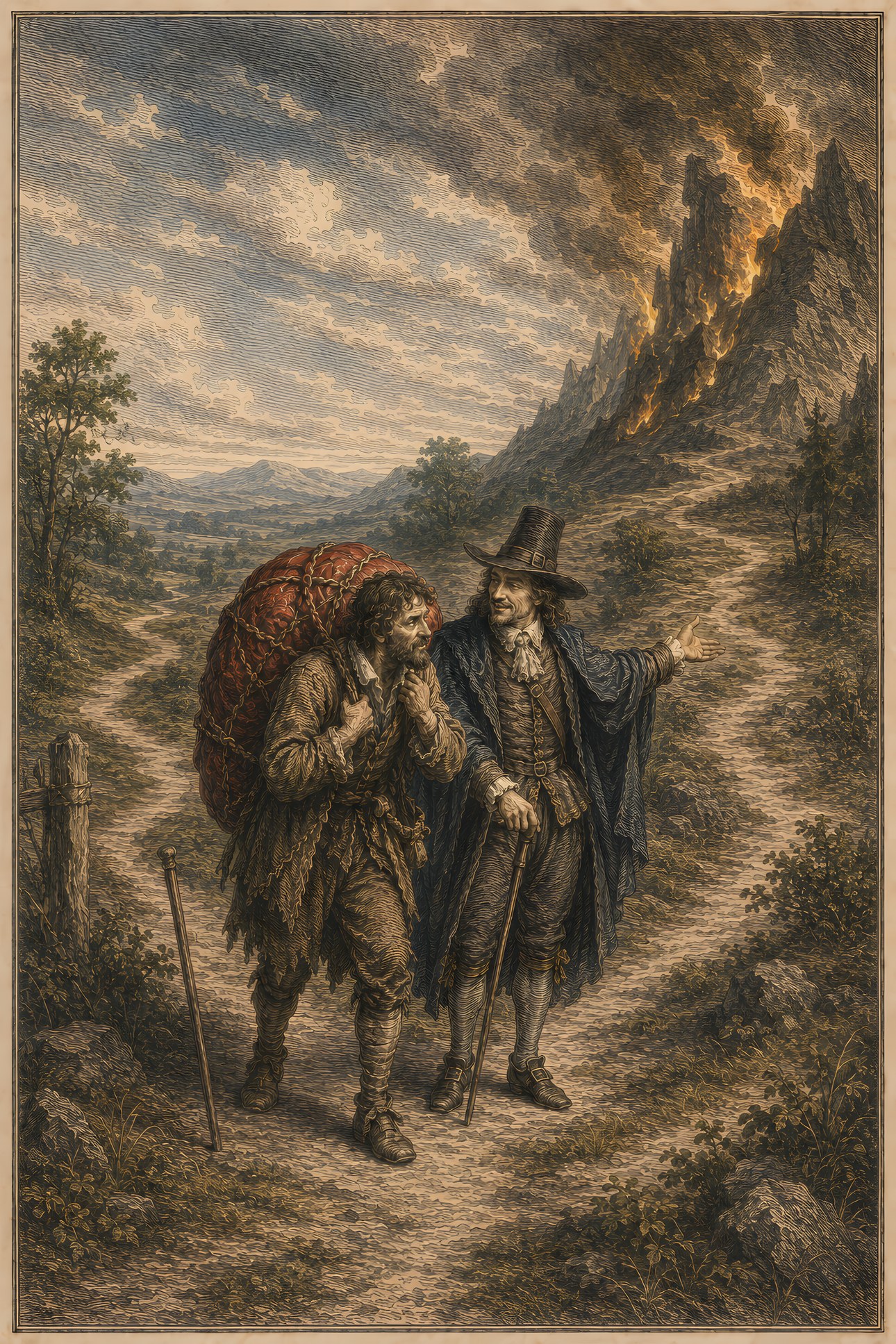 Mr. Worldly Wiseman: a hand-tinted engraving; the one red in the image is the vermilion burden.