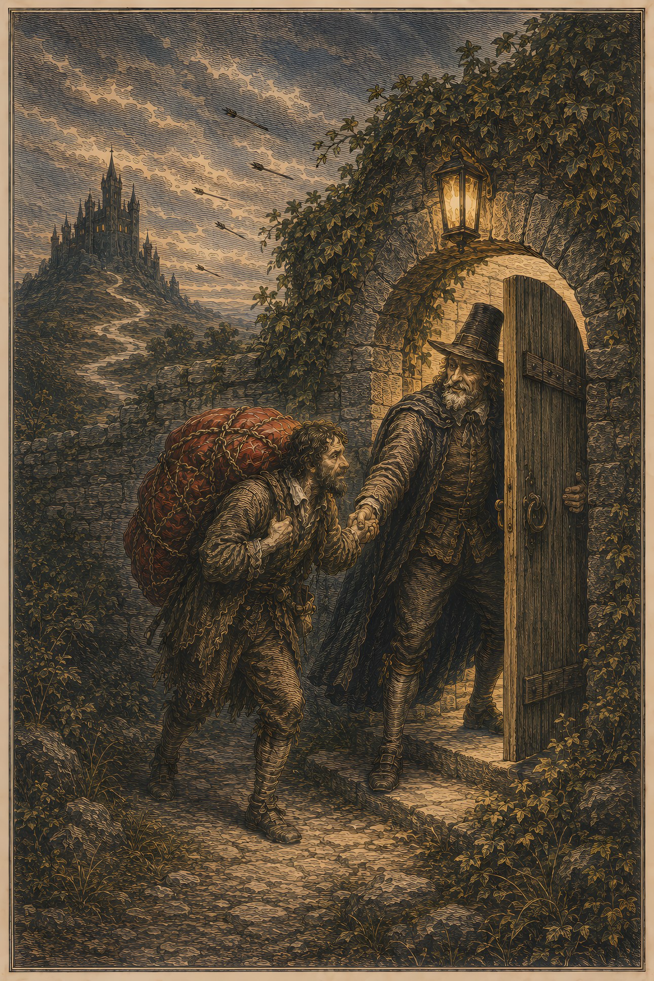 The Wicket Gate: a hand-tinted engraving; the one red in the image is the vermilion burden.