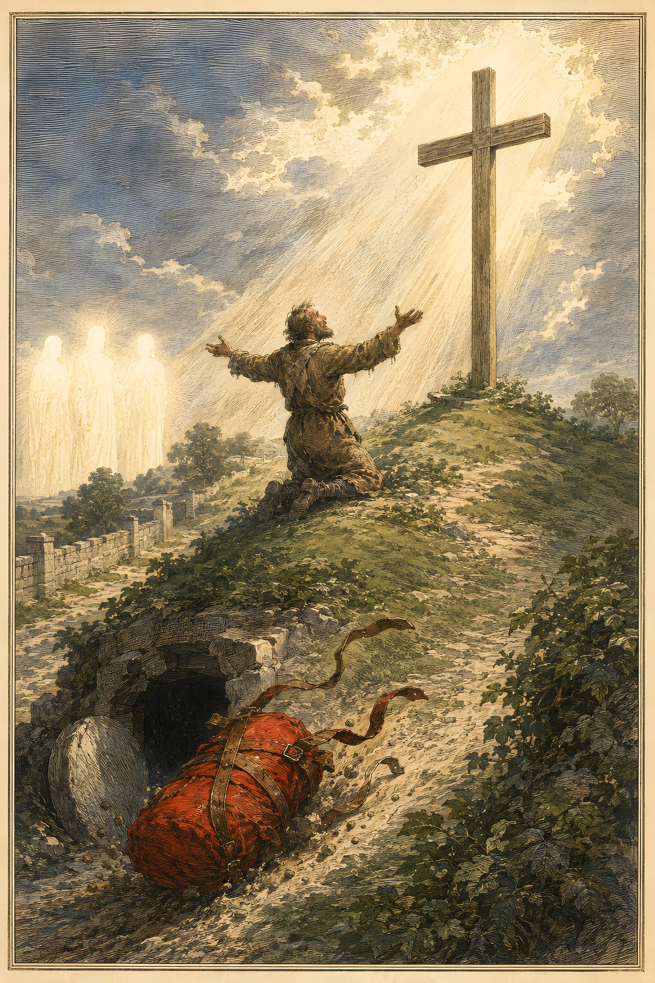 The Cross and the Sepulchre: a hand-tinted engraving; the one red in the image is the vermilion burden falling; light on the Cross, NO figure.