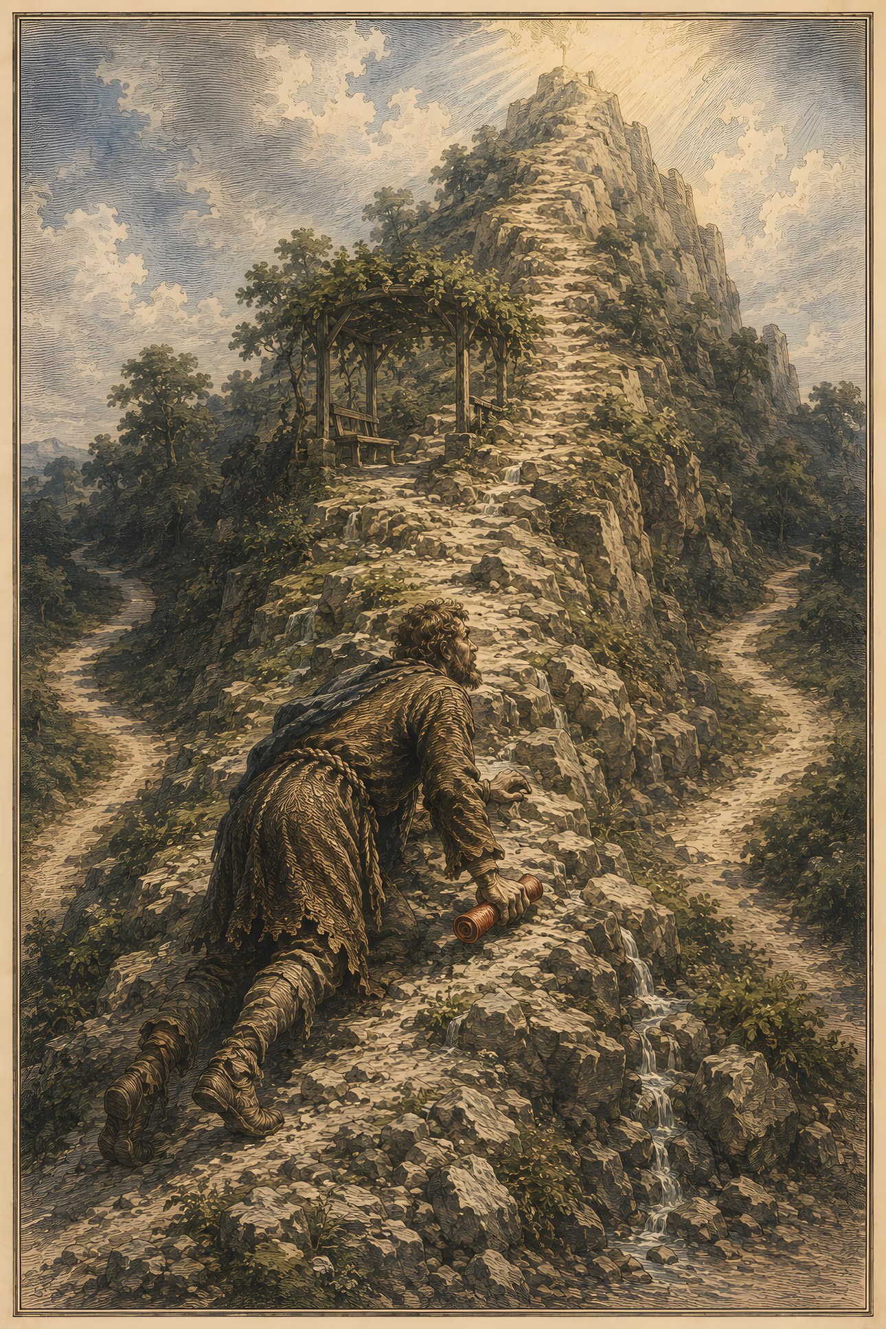 Hill Difficulty: a hand-tinted engraving; the one red in the image is the vermilion scroll.
