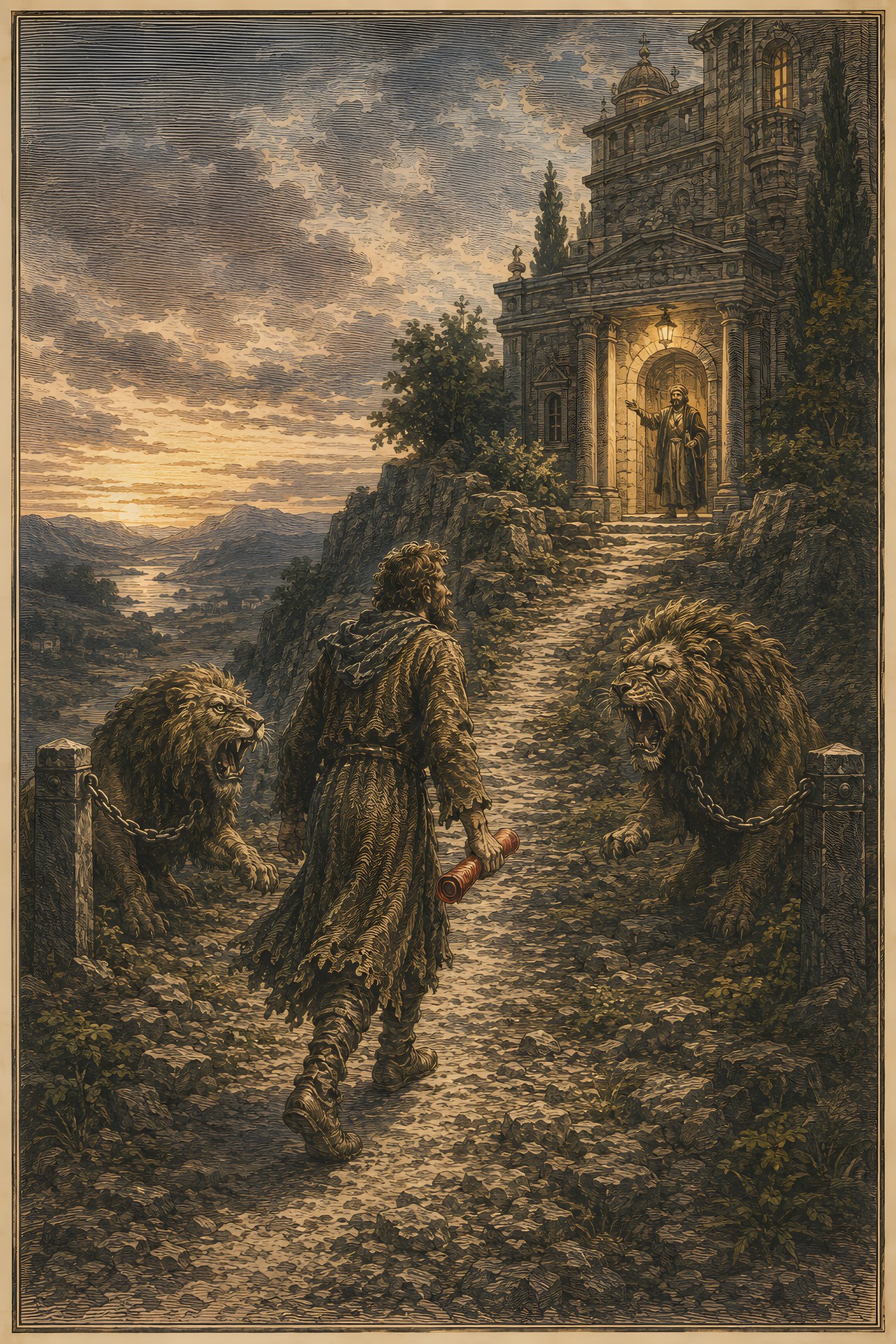 The Lions and Palace Beautiful: a hand-tinted engraving; the one red in the image is the vermilion scroll.
