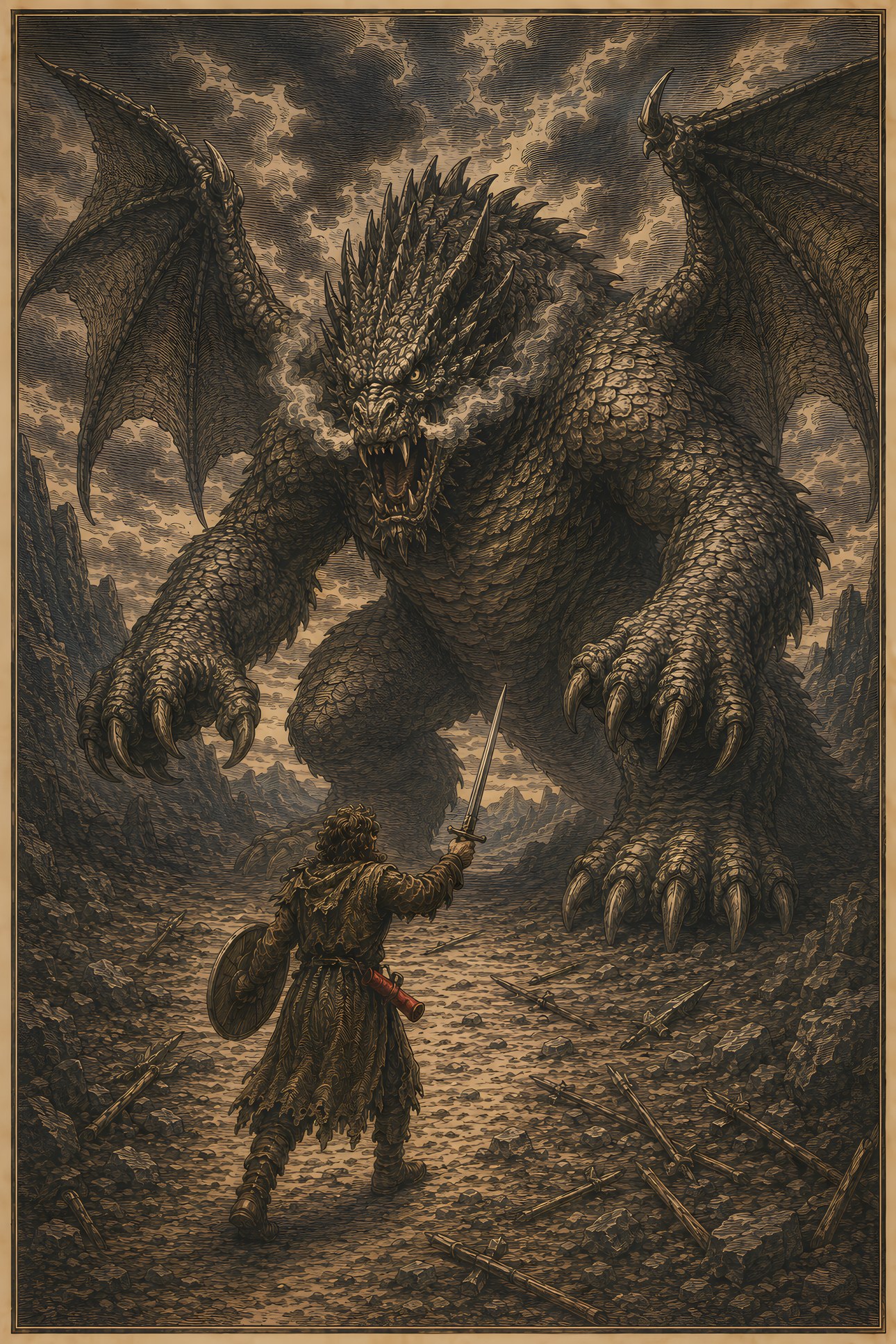 Apollyon: a hand-tinted engraving; the one red in the image is the vermilion scroll.