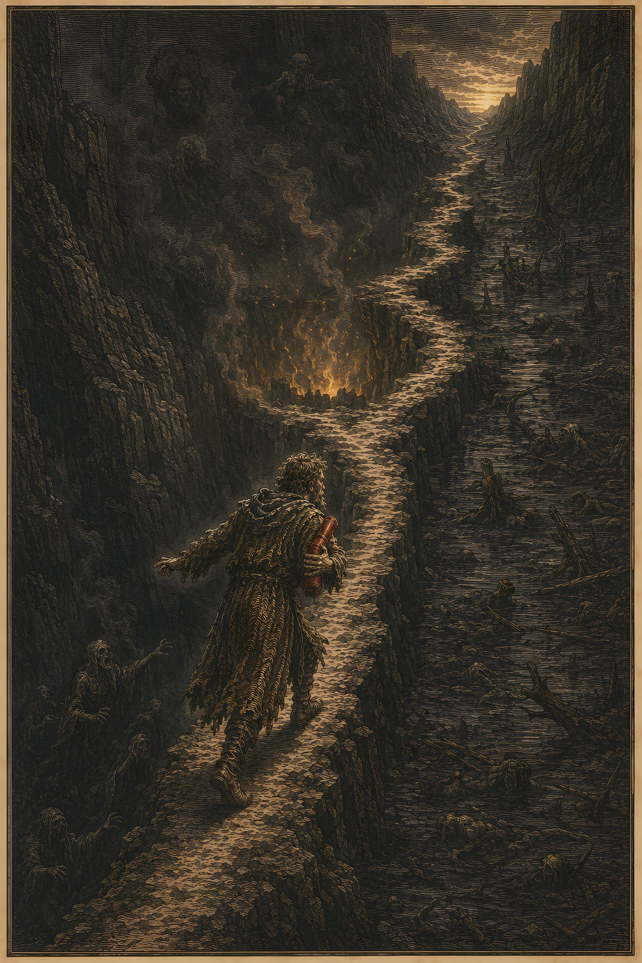 Valley of the Shadow of Death: a hand-tinted engraving; the one red in the image is the vermilion scroll.