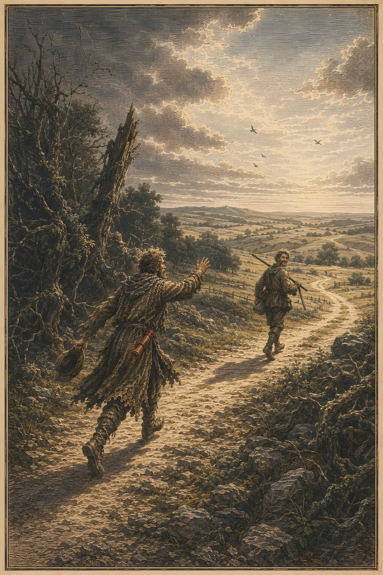 Faithful: a hand-tinted engraving; the one red in the image is the vermilion scroll.