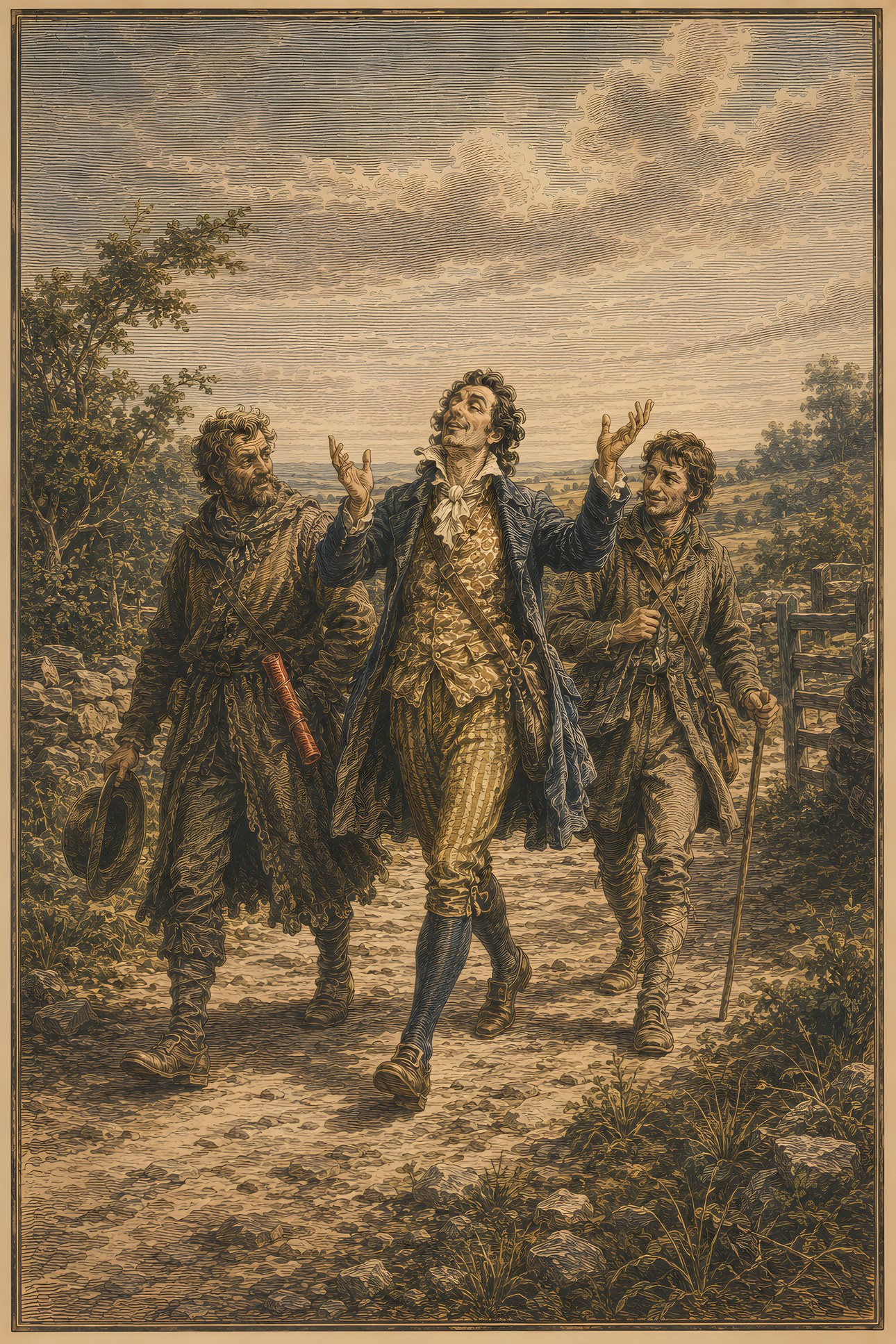 Talkative: a hand-tinted engraving; the one red in the image is the vermilion scroll.