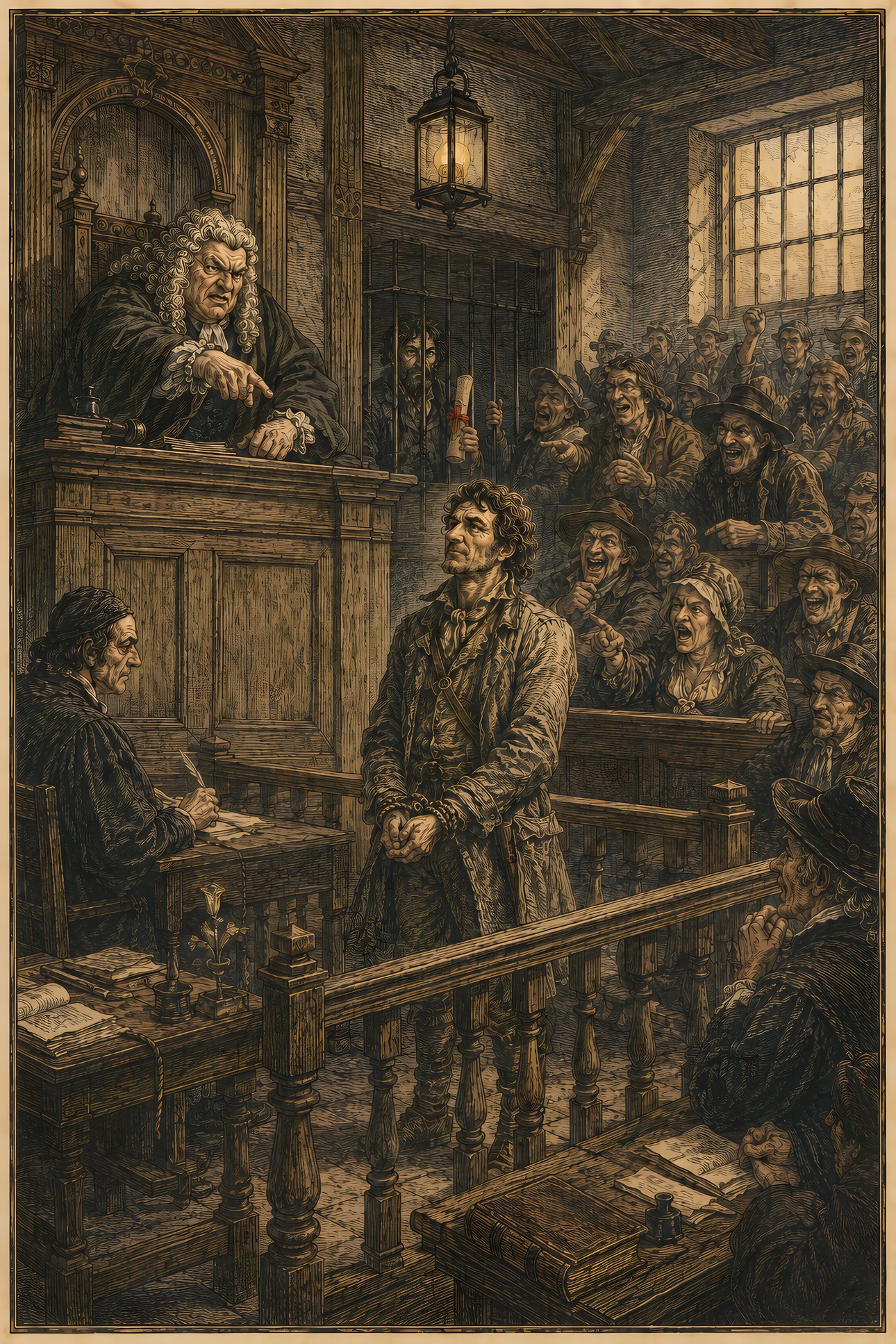 The Trial of Faithful: a hand-tinted engraving; the one red in the image is the vermilion scroll.