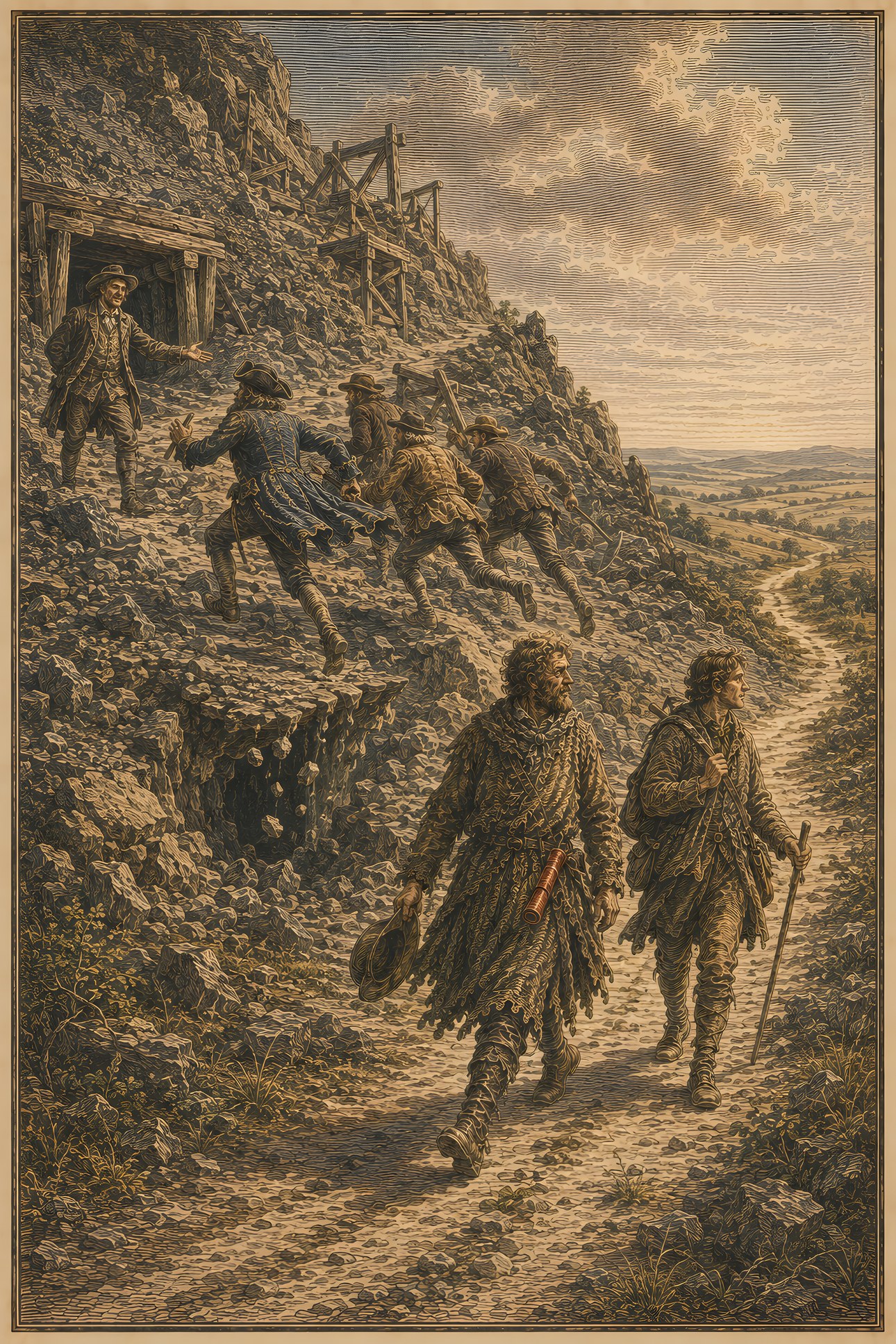 By-ends and the Silver Mine: a hand-tinted engraving; the one red in the image is the vermilion scroll.