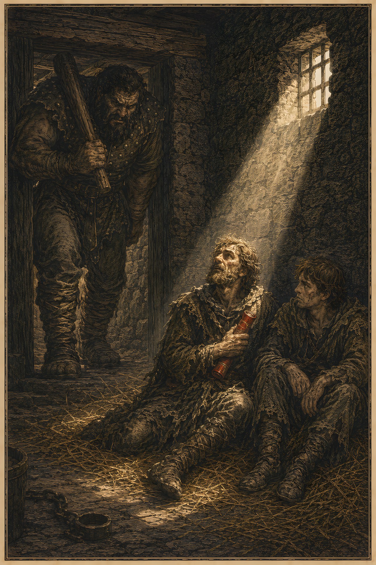 Doubting Castle: a hand-tinted engraving; the one red in the image is the vermilion scroll.