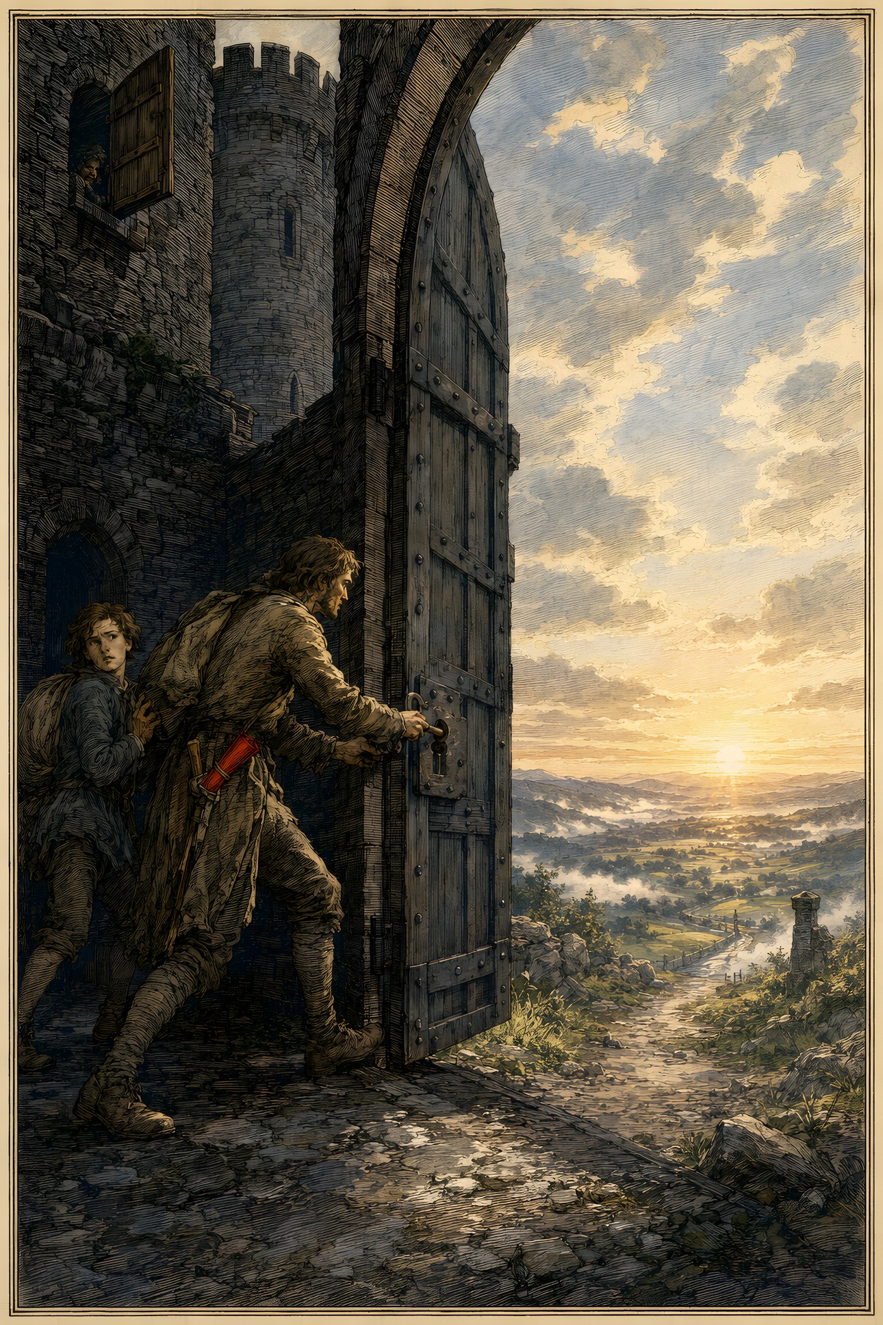 The Key called Promise: a hand-tinted engraving; the one red in the image is the vermilion scroll.