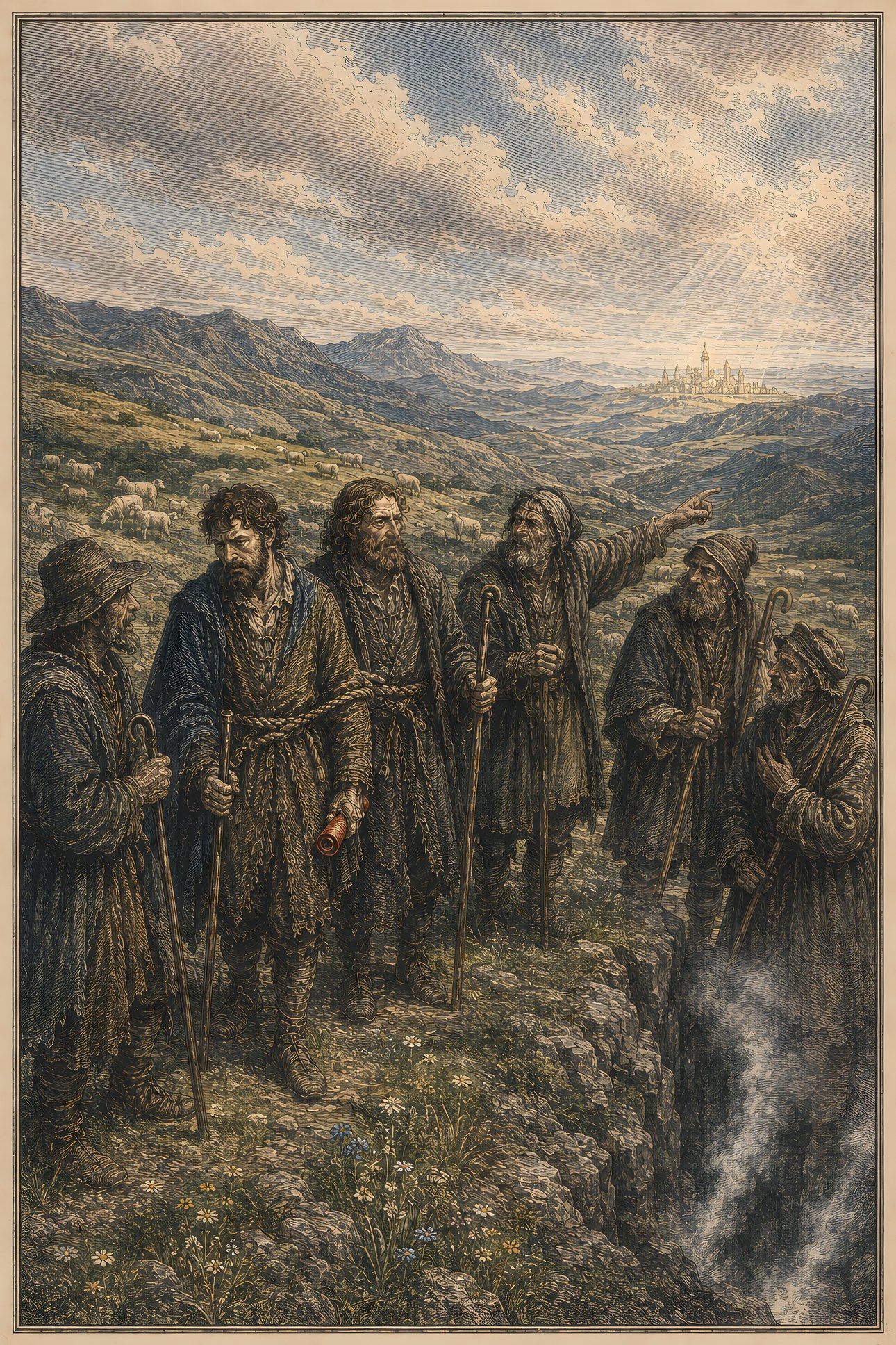 The Delectable Mountains: a hand-tinted engraving; the one red in the image is the vermilion scroll.