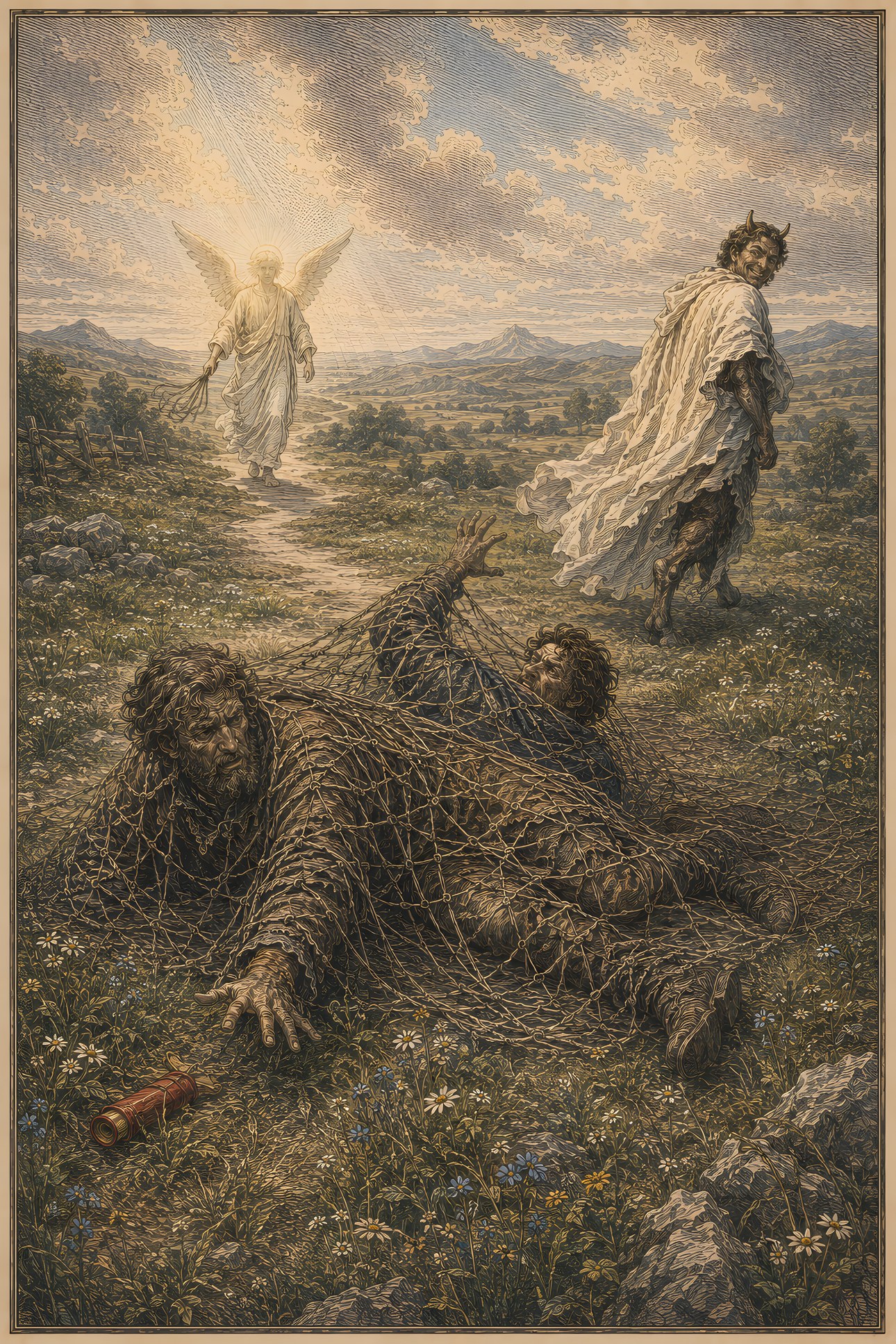The Flatterer's Net: a hand-tinted engraving; the one red in the image is the vermilion scroll.