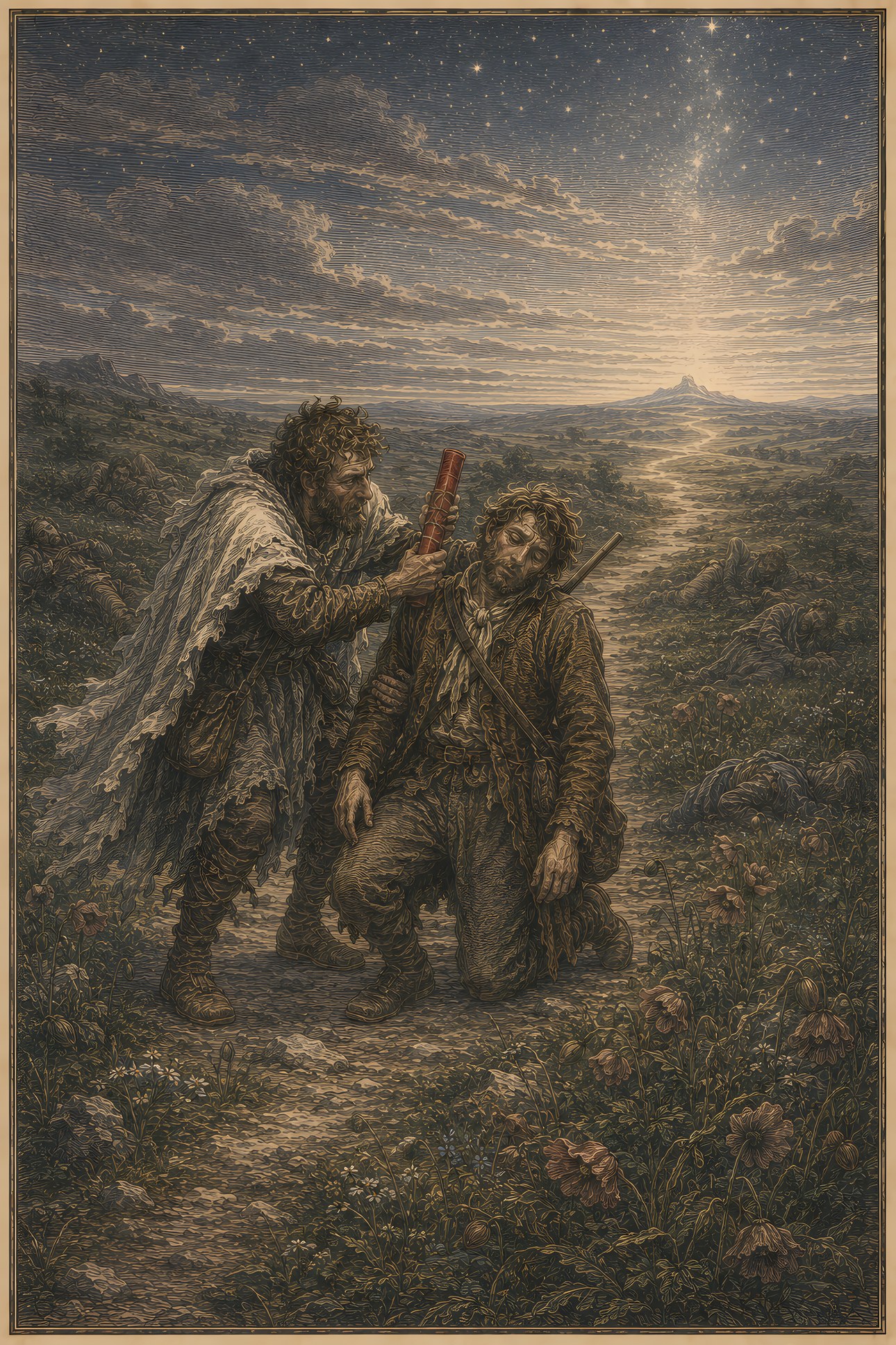 The Enchanted Ground: a hand-tinted engraving; the one red in the image is the vermilion scroll.