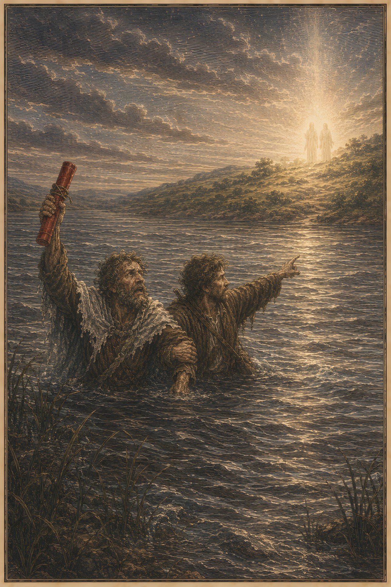 The River of Death: a hand-tinted engraving; the one red in the image is the vermilion scroll.