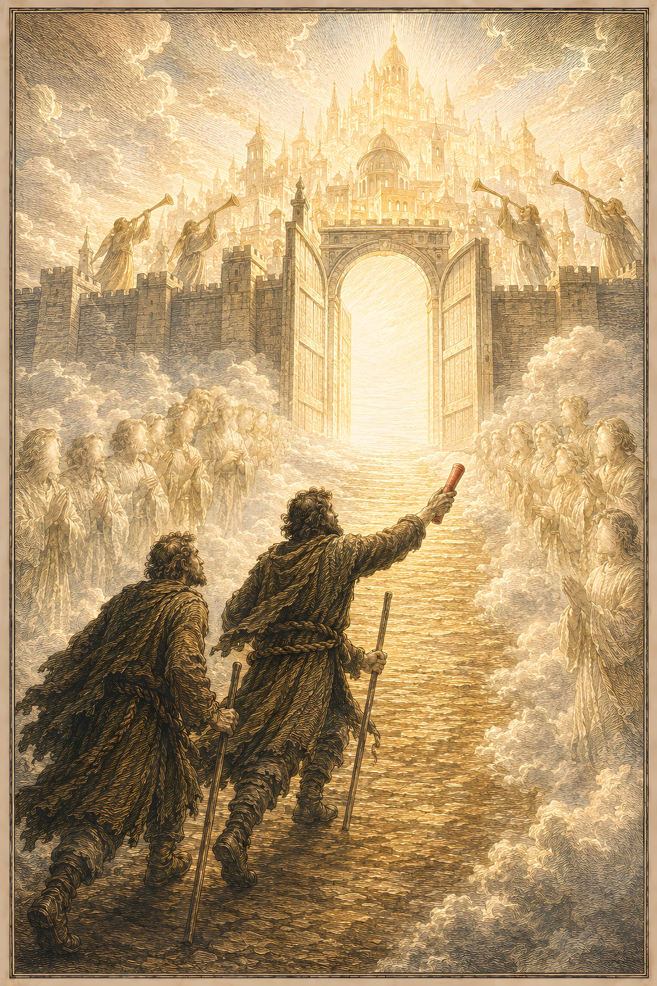 The Celestial City: a hand-tinted engraving; the one red in the image is the vermilion scroll; city light, NO figure of the Lord.
