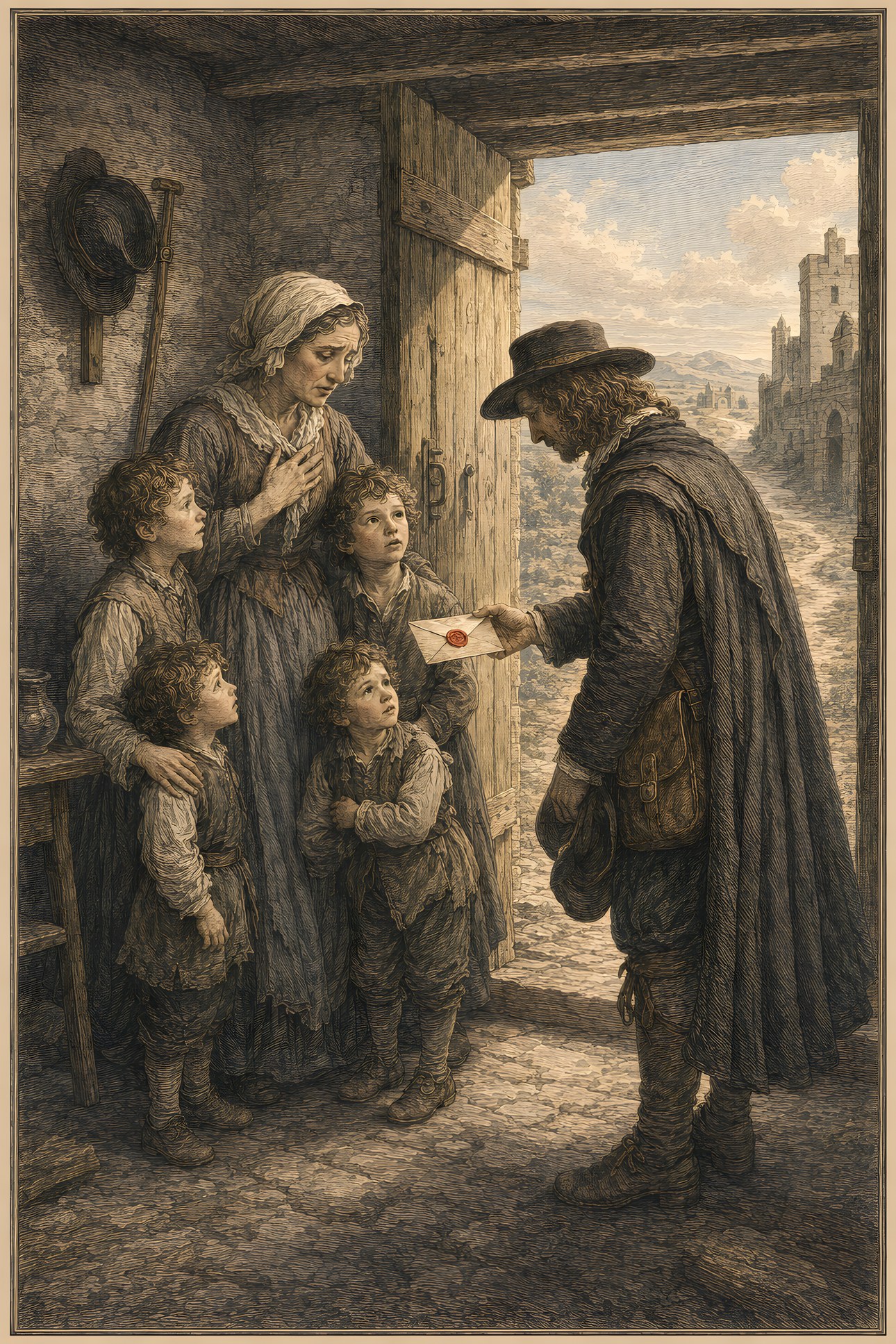 Christiana's Summons: a hand-tinted engraving; the one red in the image is the vermilion letter.