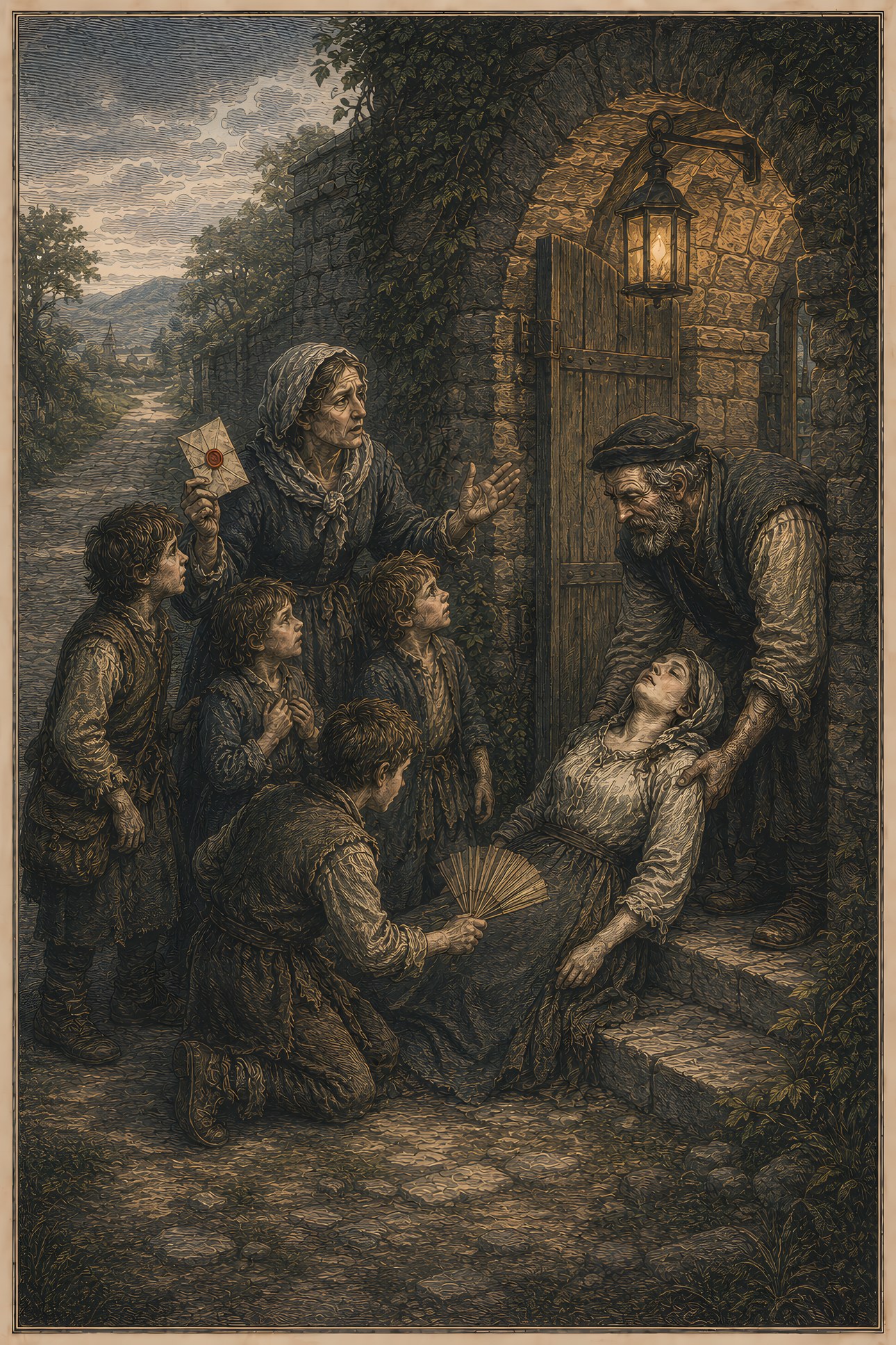 Mercy at the Gate: a hand-tinted engraving; the one red in the image is the vermilion letter.