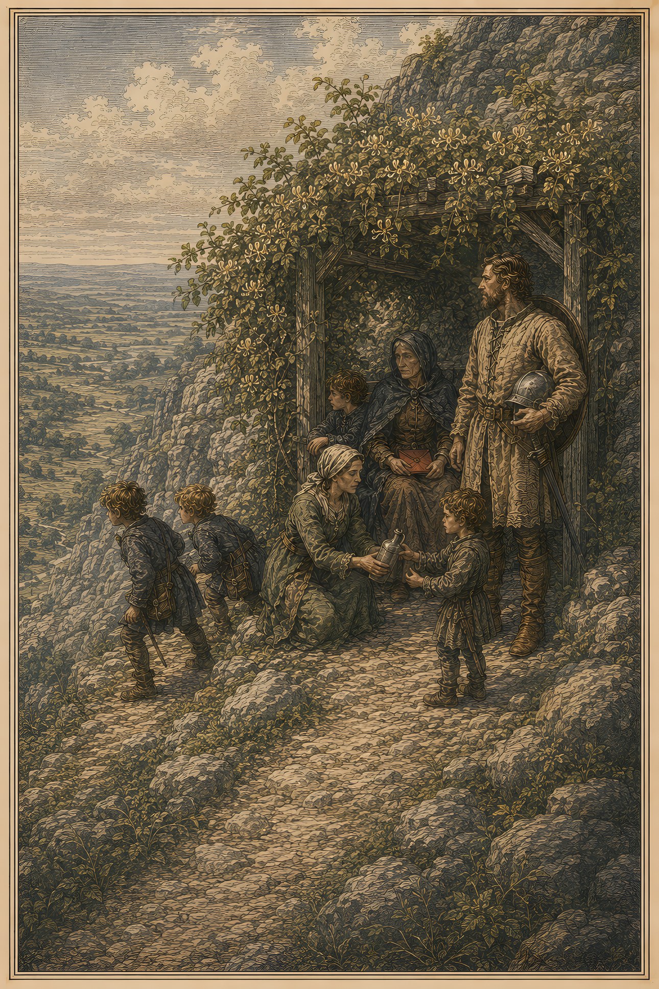 The Arbor on the Hill: a hand-tinted engraving; the one red in the image is the vermilion letter.