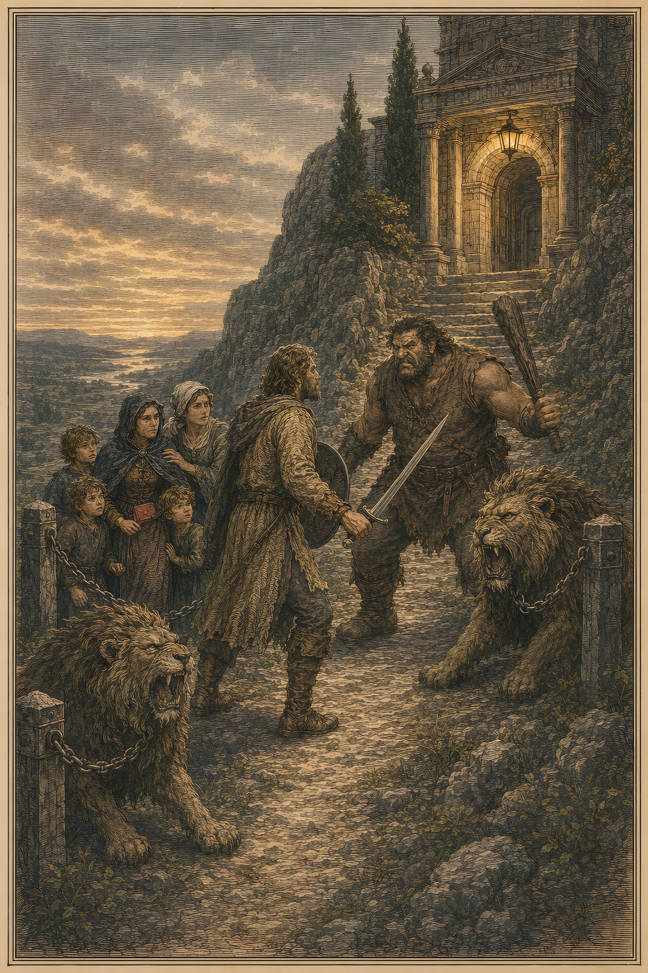 Giant Grim and the Lions: a hand-tinted engraving; the one red in the image is the vermilion letter.