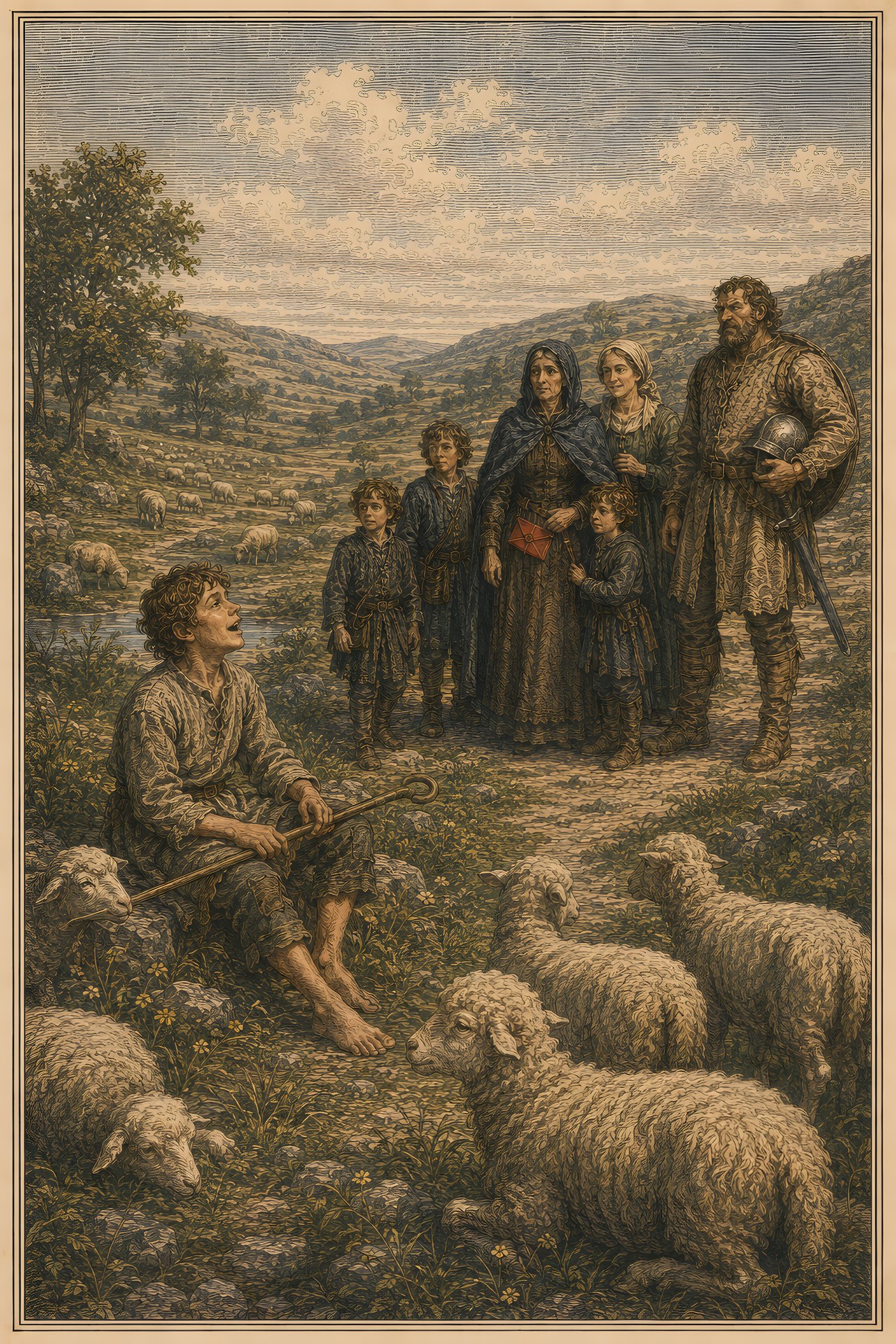 The Shepherd Boy's Song: a hand-tinted engraving; the one red in the image is the vermilion letter.