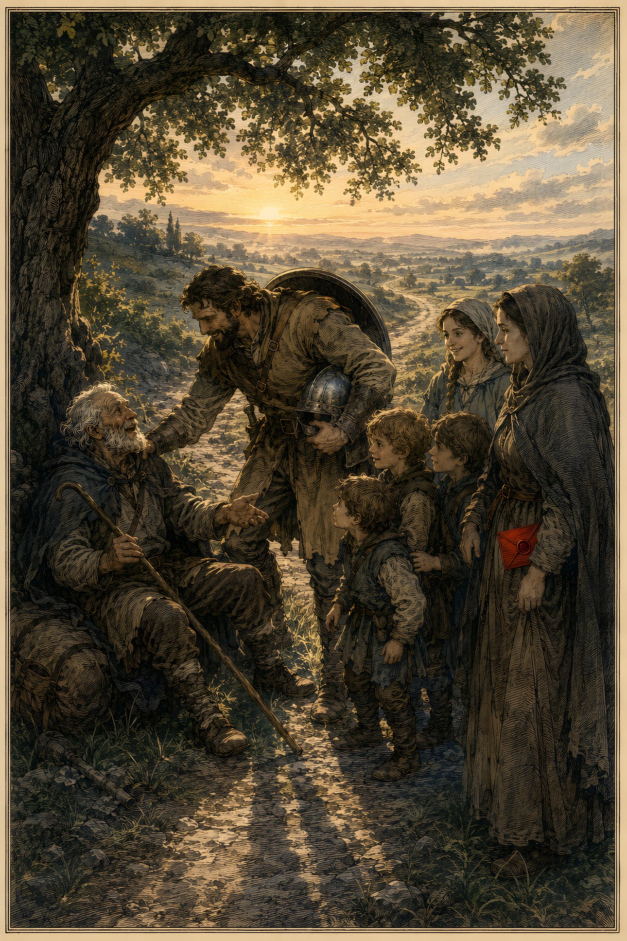 Old Honest: a hand-tinted engraving; the one red in the image is the vermilion letter.