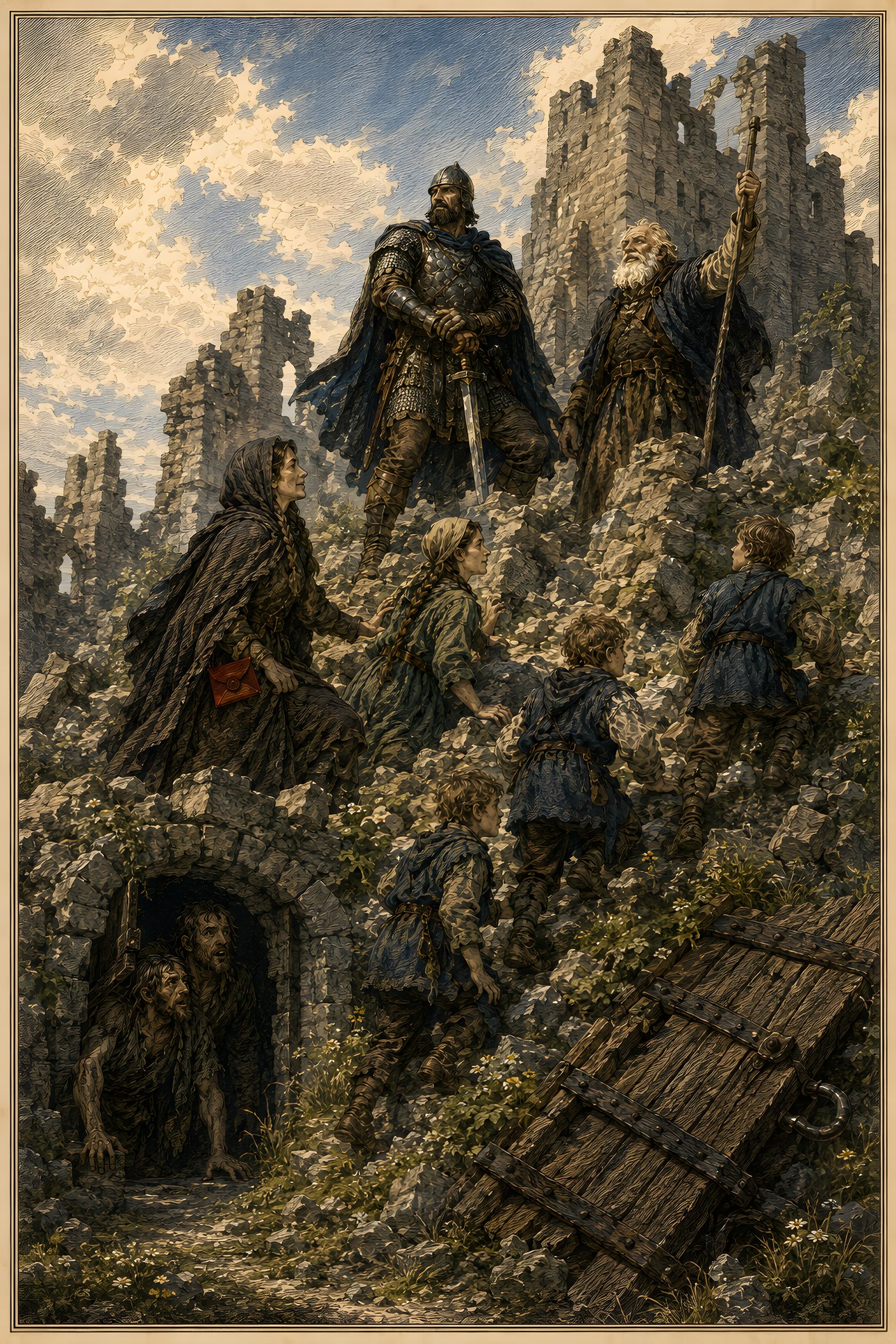 Doubting Castle Destroyed: a hand-tinted engraving; the one red in the image is the vermilion letter.