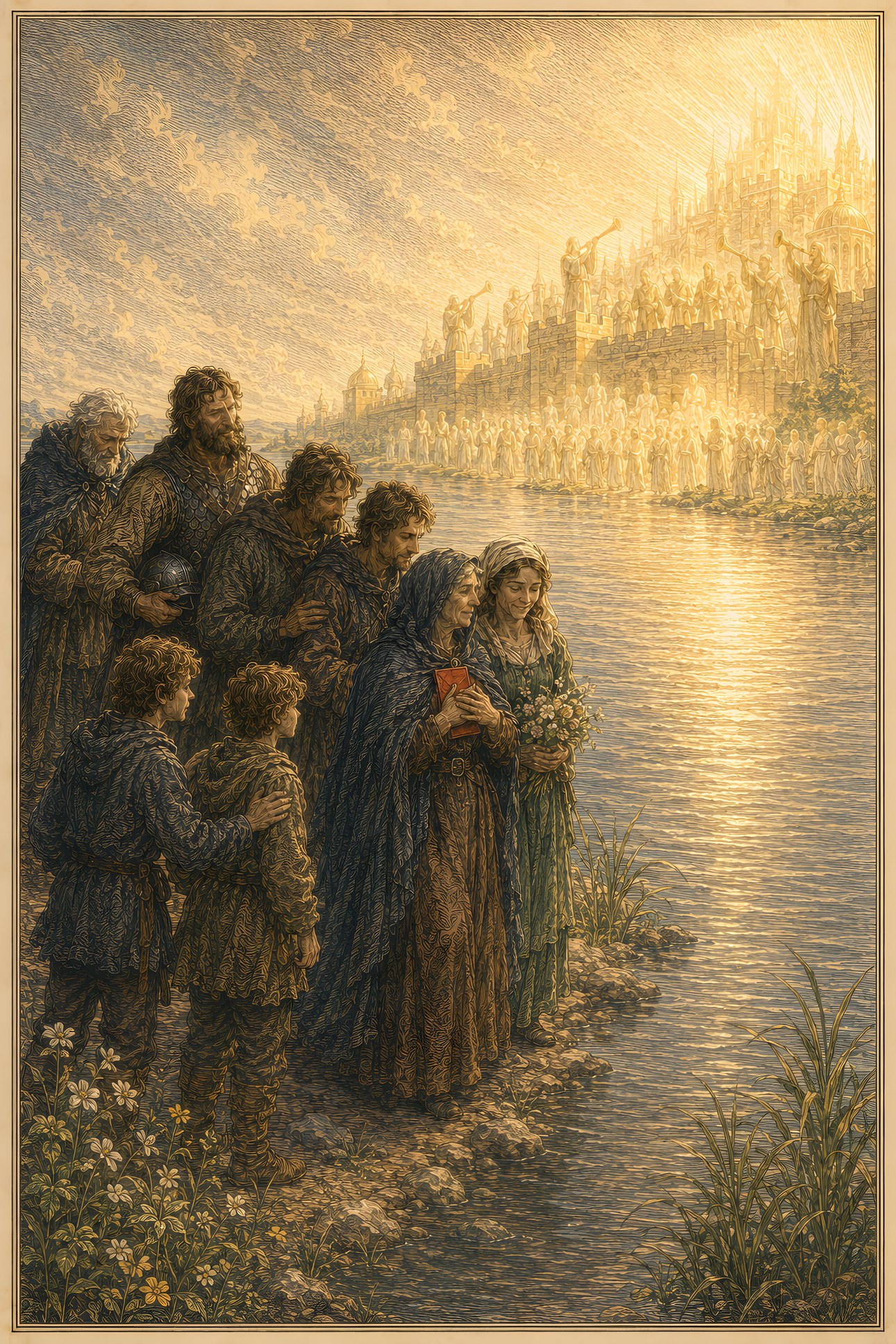The Trumpets Sound: a hand-tinted engraving; the one red in the image is the vermilion letter.